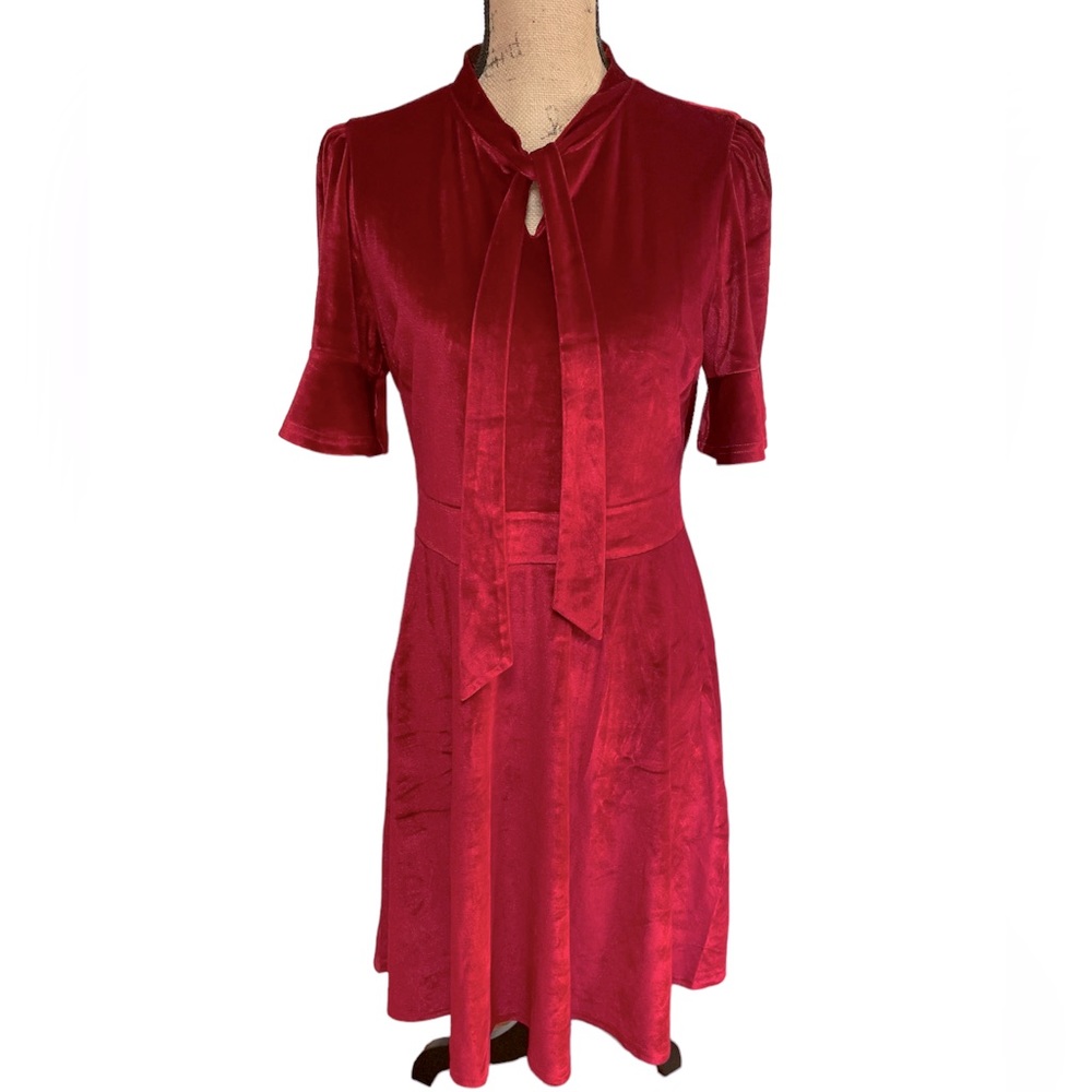 Summer Bow Tie A-Line Fit and Flare Rich Red Velvet Dress Valentine’s Day Size L